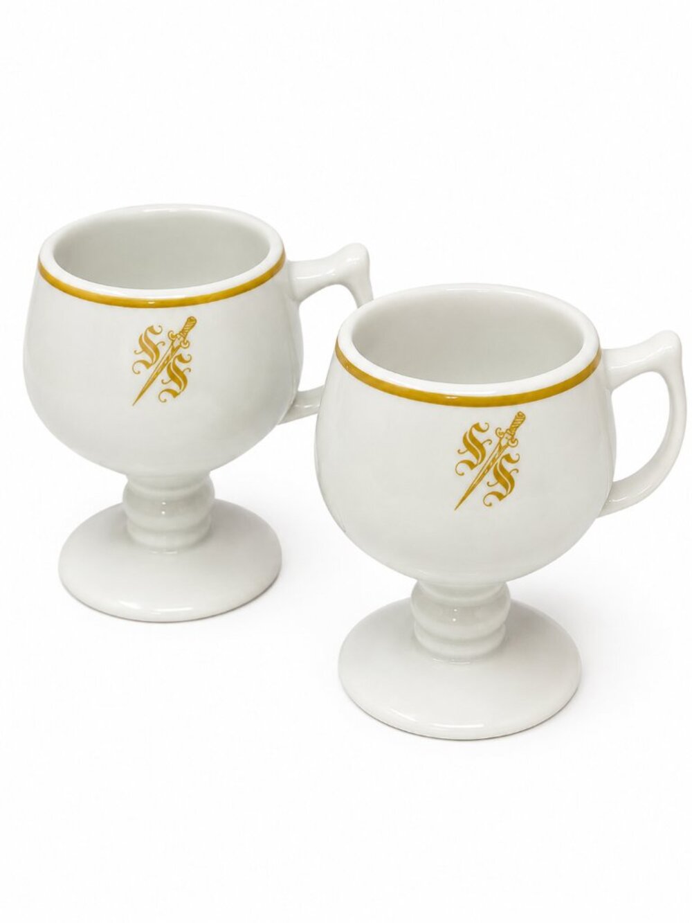 Sterling China, White Ceramic Pedestal Mugs with Gold Trim & Emblem - Set of 2